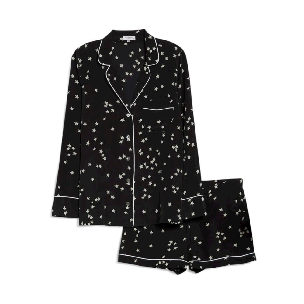 Equipment Lillian Silk Pajama Set XS Black Cream Starry Night Long Sleeve Shorts